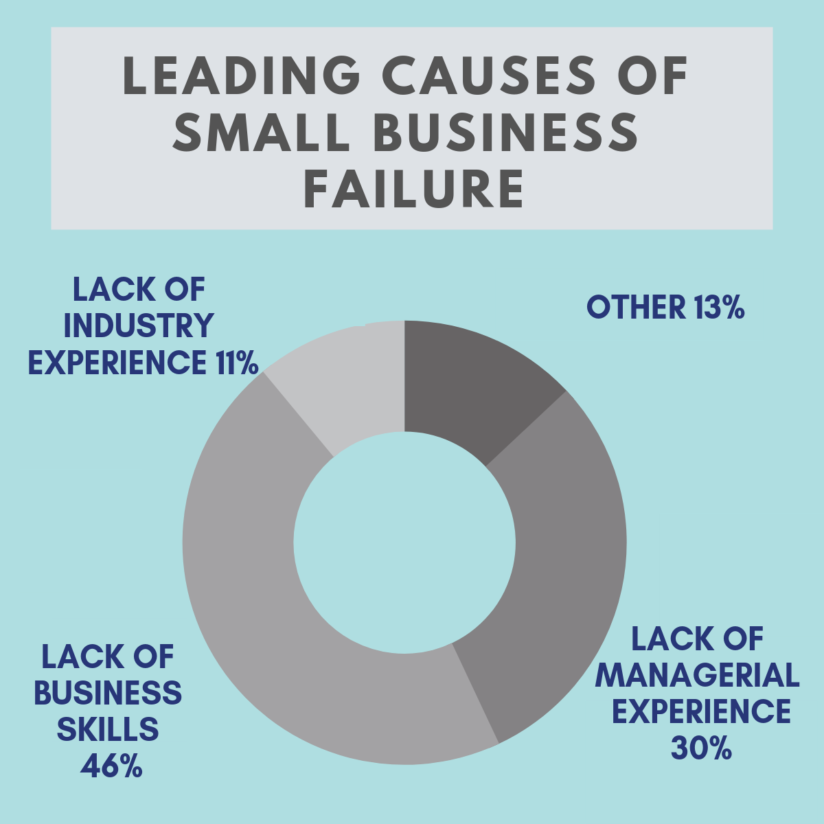 Leading causes of small business failure. Lack of business skills: 46%, lack of managerial experience: 30%, lack of industry experience: 11%, Other: 13%