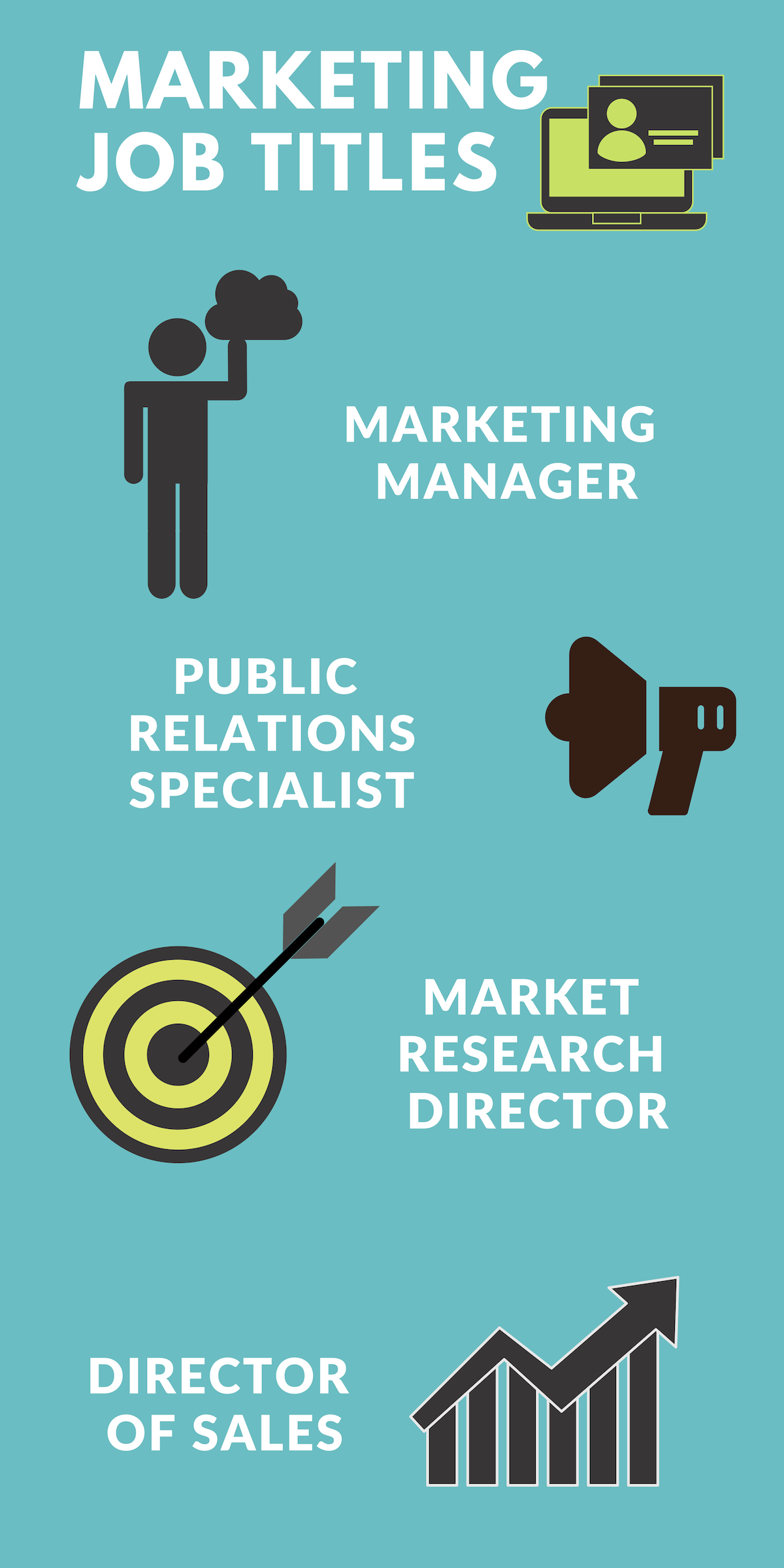 Marketing Job Titles: Marketing Manager, Public Relations Specialist, Market Research Director, Director Of Sales