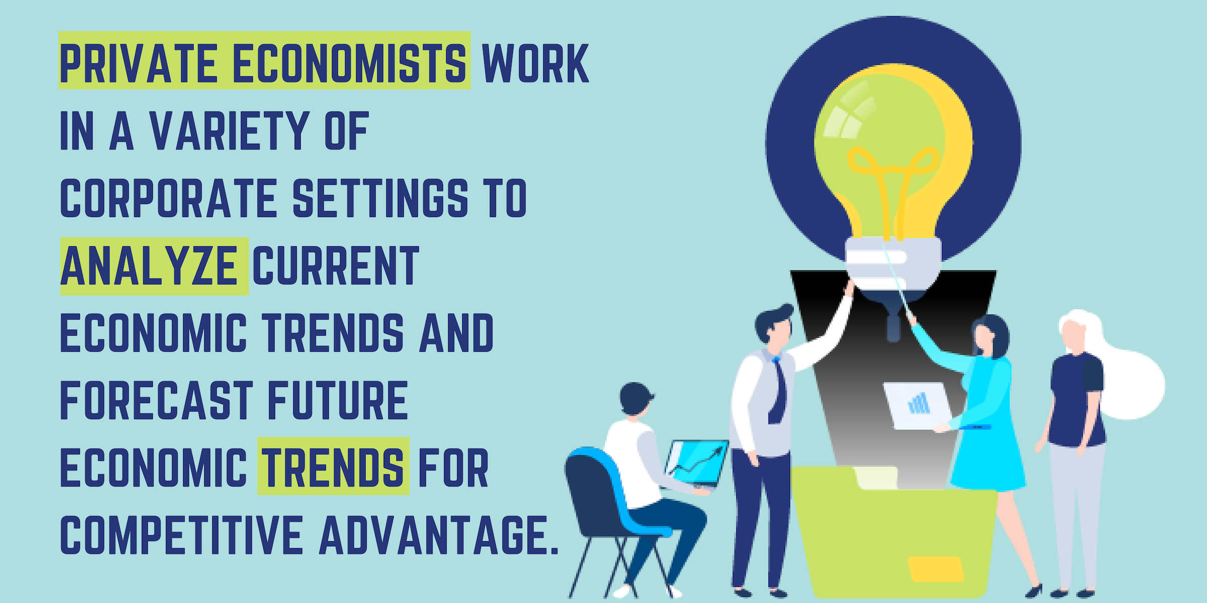 Private economists work in a variety of corporate settings to analyze current economic trends and forecast future economic trends for competitive advantage.
