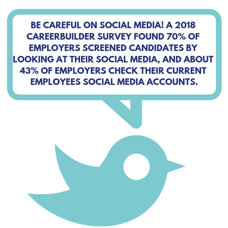 Be careful on social media! A 2018 career builder survey found 70% of employers screened candidates by looking at their social media, and about 43% of employers check their current employees social media accounts.