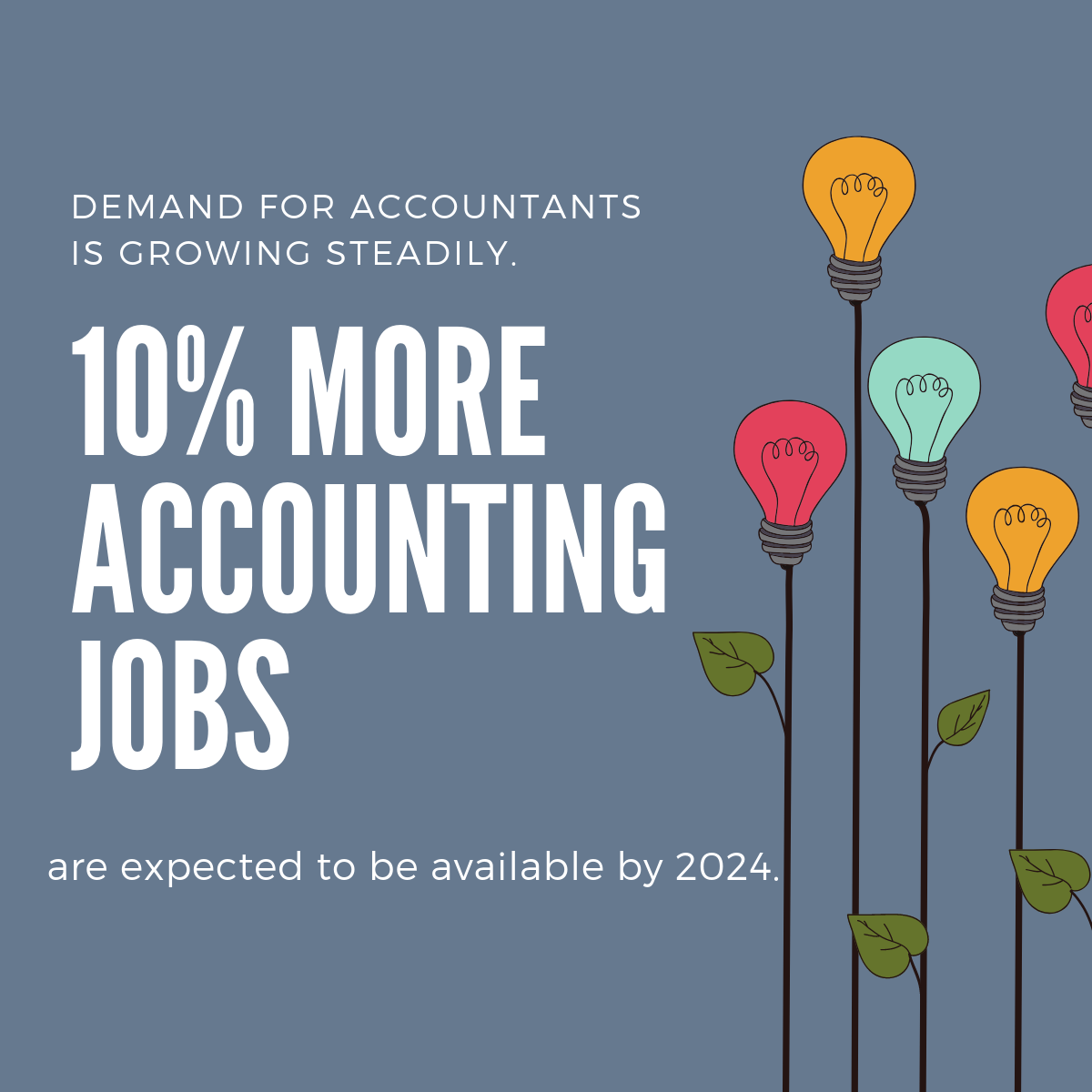 Demand for accountants is growing steadily. 10% more accounting jobs are expected to be available by 2024.