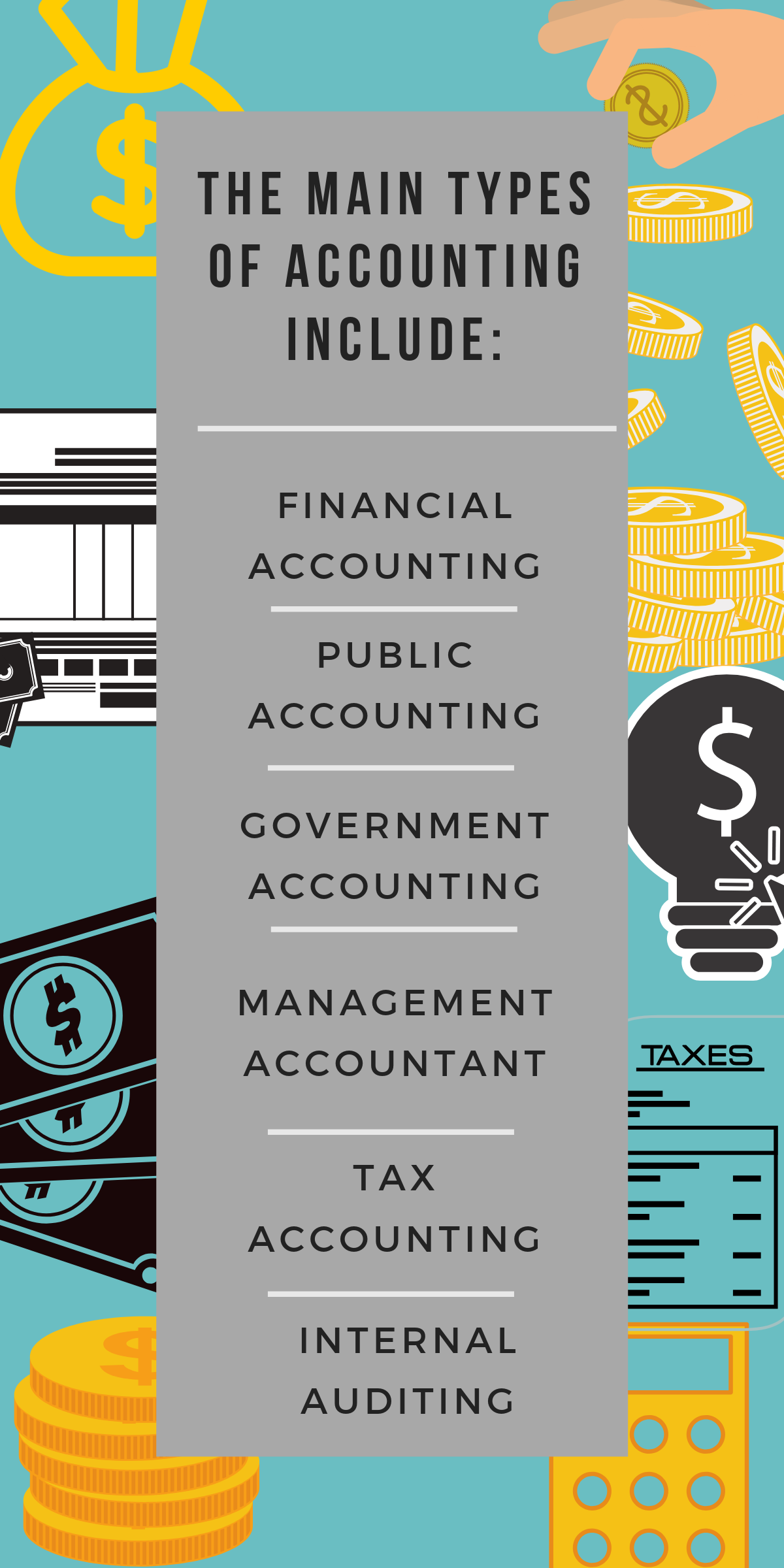 The main types of accounting include: Financial Accounting, Public Accounting, Government Accounting, Management Accounting, Tax Accounting, Internal Auditing