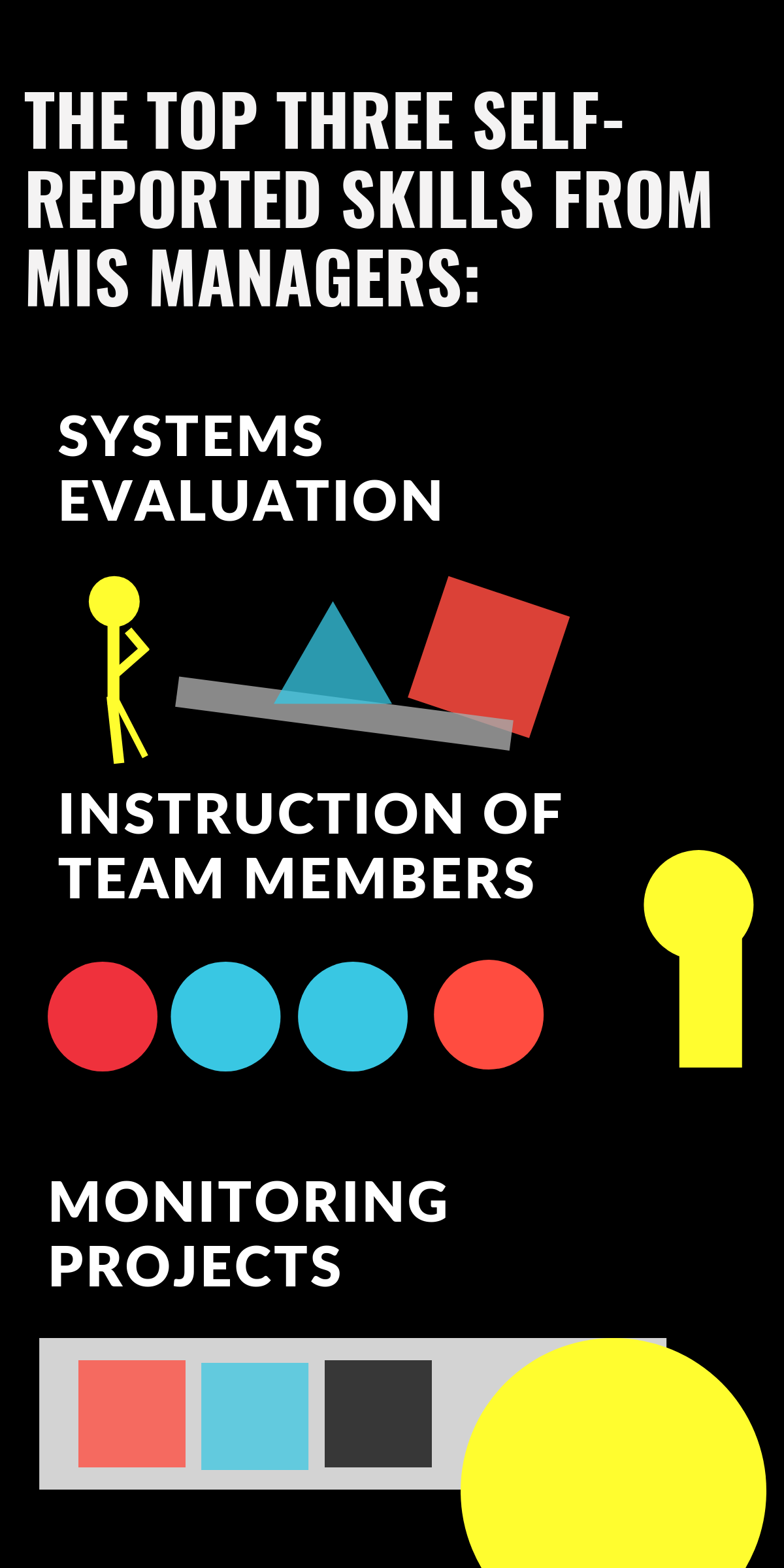 The Top three self-reported skills from mis managers: system evaluation, instruction of team members, monitoring projects